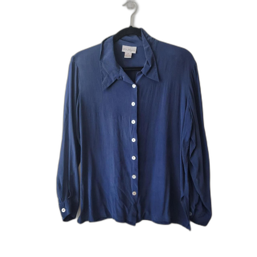Kim Rogers Navy Silk Button Down Blouse Size 14